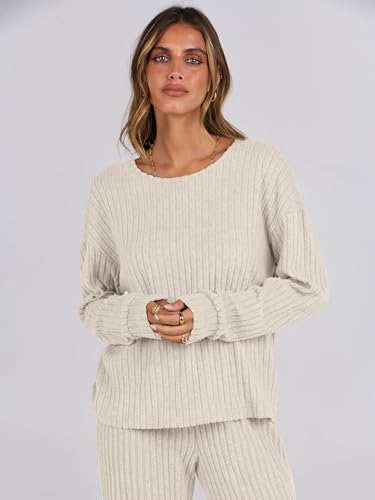 ANRABESS Women 2 Piece Lounge Pajamas Sets Casual Fall Outfits - color: Beige, size: Medium