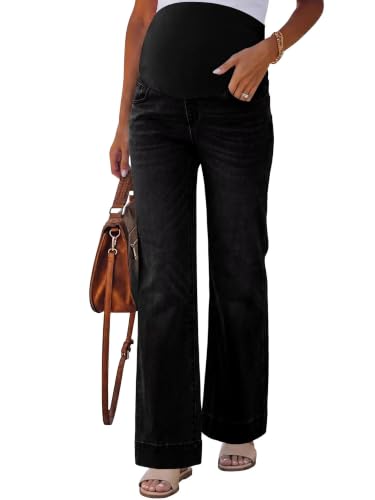 Yoklass Over The Belly Maternity Jeans Long Pants with Pockets - color: C01: Black, size: X-Large