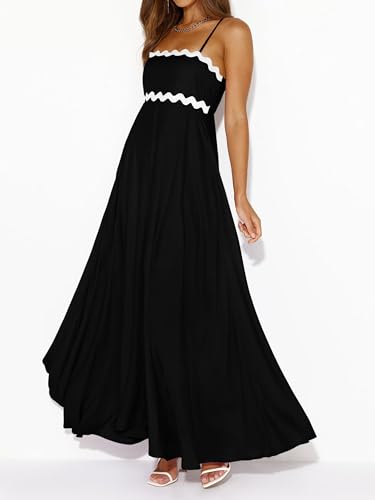 PRETTYGARDEN Women Spaghetti Strap Boho Maxi Dresses Flowy - color: Black, size: XX-Large