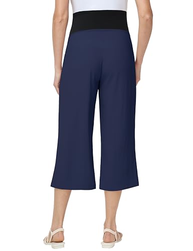 Maternity Capris Wide Leg Pregnancy Cropped Pants - color: Navy Blue, size: Large