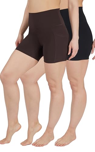 Yogalicious Womens 5”, 7” High Waisted Biker Shorts Squat Proof Workout Yoga Short 2 Pack - color: Chocolatetorte (W/Pocket) / Black (No Pocket) 5", size: Large