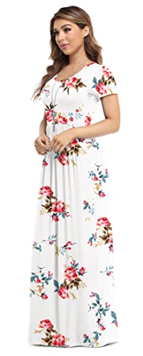 VIISHOW Women's Short Sleeve Loose Plain Maxi Dresses Casual Long Dresses with Pockets - color: 1-flower-white, size: X-Large