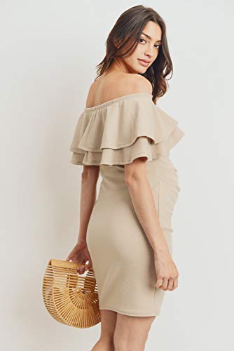 LaClef Women's Off Shoulder Maternity Dress with Double Ruffle - color: Taupe Solid, size: Medium