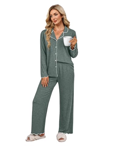 WIHOLL Women's Pajamas Sets Cute Ruffle Long Sleeve Button Up 2 Piece Pjs - color: Green, size: X-Large