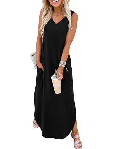 Sampeel Summer Dresses Maxi Dress Vacation Beach Sundresses 2025 with Pockets - color: Black, size: XX-Large