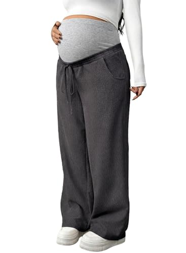 BLENCOT Maternity Pants Over Belly Wide Leg Pregnancy Casual Sweatpants - color: Dark Grey, size: X-Large