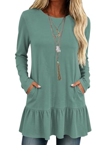 Poetsky Women Tops Long Sleeve Dressy Casual Ruffle Hem O Neck Tunics - color: Blue Green, size: Small