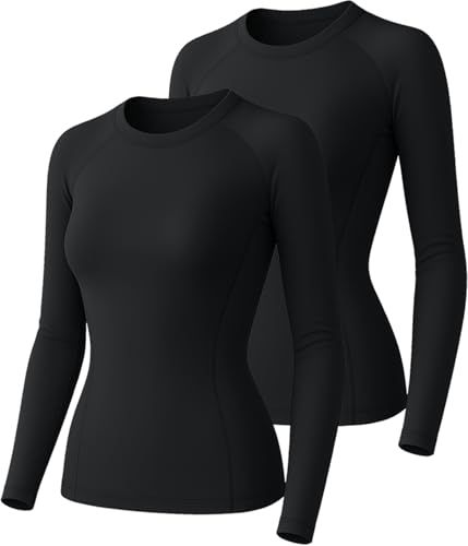 Women Long Sleeve Compression Shirts Underscrubs Workout Athletic Tops - color: 2 Black, size: Medium