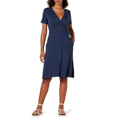Amazon Essentials Women's Short Sleeve V Neck Faux-Wrap Dress, Fitted - color: Navy, size: X-Small