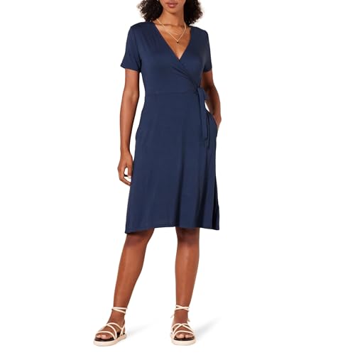 Amazon Essentials Women's Short Sleeve V Neck Faux-Wrap Dress, Fitted - color: Navy, size: Medium