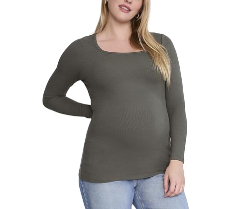 Motherhood Maternity Women's Long Sleeve Square Neck Ribbed Pregnancy T-Shirt - color: Thyme, size: Medium