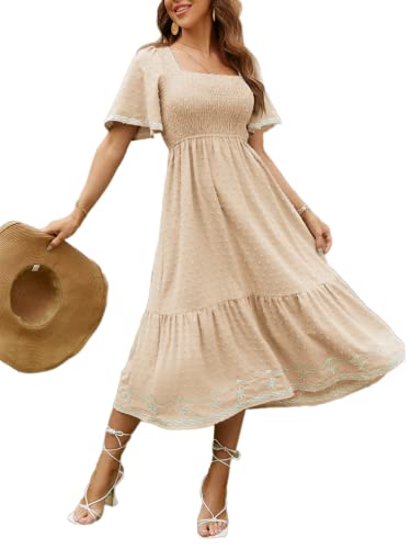 Glamaker Women's Short Sleeve Smocked Square Neck A Line Summer Flowy Maxi Long Dress - color: 01-beige, size: Medium