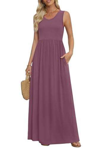 Women's Summer Sleeveless Loose Maxi Dress Casual Long Dresses with Pockets - color: Mauve, size: Medium