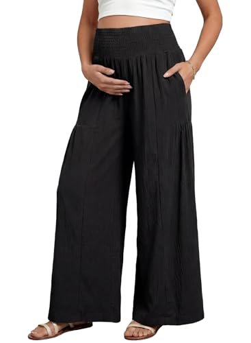BLENCOT Maternity Smocked Waist Palazzo Pants Wide Leg Casual Trousers - color: Black, size: Small