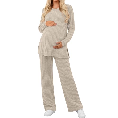 Women's 2 Piece Maternity Ribbed Pajama Outfit - color: Apricot, size: Small