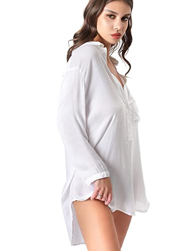 TOUSYEA Soft Women's Sleepshirt Oversized Button Down Swimsuit Cover Ups - color: C White, size: Large