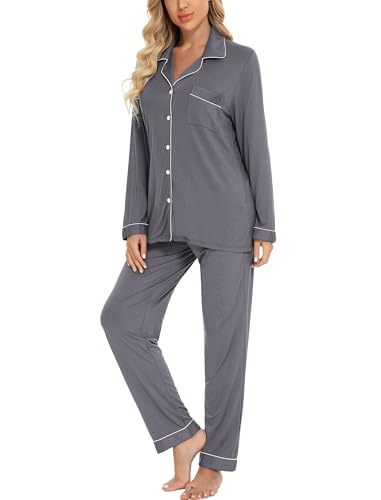 Leikar Button Up Pajamas For Women Long Sleeve Viscose Soft Pjs Lounge - color: Dark Grey, size: X-Large