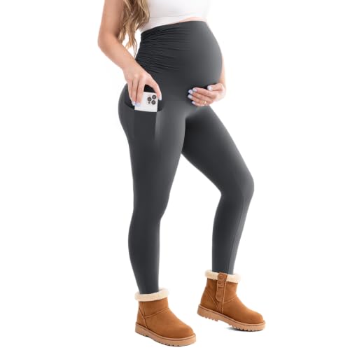 Leafigure Maternity Fleece Lined Leggings with Pockets - color: Grey, size: Medium