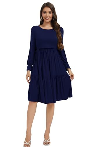 Smallshow Women's Ruffle Maternity Nursing Dress Long Sleeve - color: Navy, size: Medium