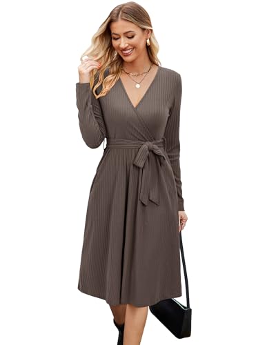 Newshows Women's Sweater Pockets Belted Fall Teacher Business Casual Dress - color: Coffee Brown, size: Medium