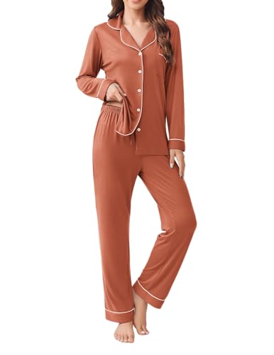 Ekouaer Womens Pajamas Set Button Down Long Sleeve Top & Pants Lounge Sets - color: Caremel, size: X-Large