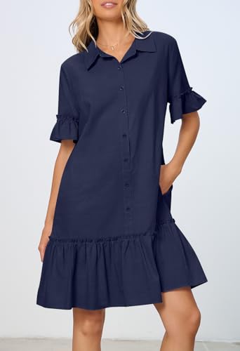 MEROKEETY Women's Summer Casual Tshirt Dress Button Down Shift Mini Dresses - color: Navy, size: Large