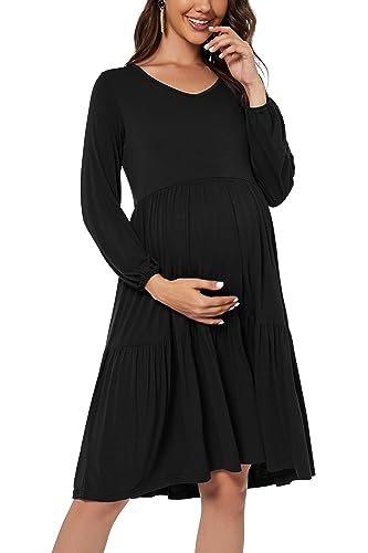 Smallshow Women's Maternity Dress Ruffle Long Sleeve Pregnancy Clothes - color: Black, size: Large