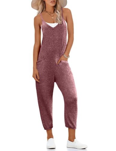Jumpsuits for Women Summer V Neck Casual Overall Sleeveless with Pockets - color: Maroon, size: Medium