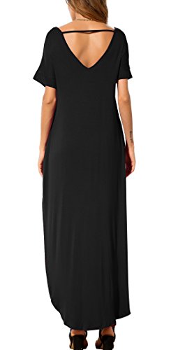 GRECERELLE Women's Summer Maxi Dress Casual Loose V Neck Short Sleeve Side Split Long Dresses with Functional Pockets - color: Black, size: Small