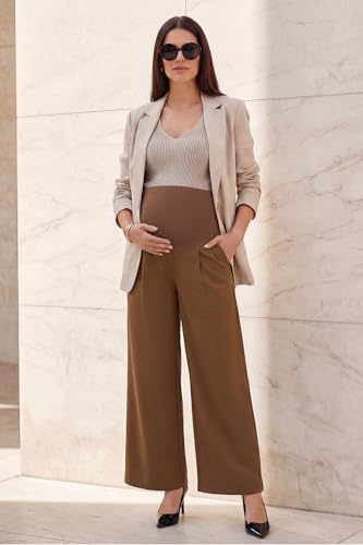 OUGES Women's Wide Leg Summer Business Casual Maternity Pants with Pockets - color: Dark Coffee, size: Small