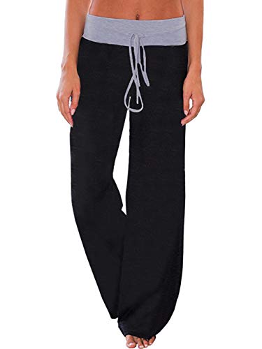 iChunhua Women's Comfy Stretch Floral Print Drawstring Palazzo Wide Leg Lounge Pant - color: Solid Black, size: Small