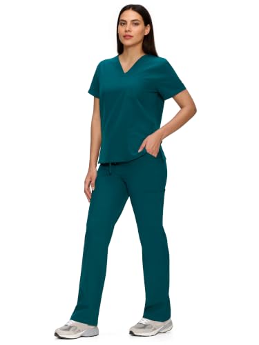 Scrubs for Women Set, V-Neck Top & Straight Leg Pants with 11 Pockets - color: Caribbean Blue, size: Large