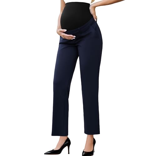 Ecavus Women's Maternity Work Pants with Seamless Over Belly Waistband - color: Navy-regular, size: Medium