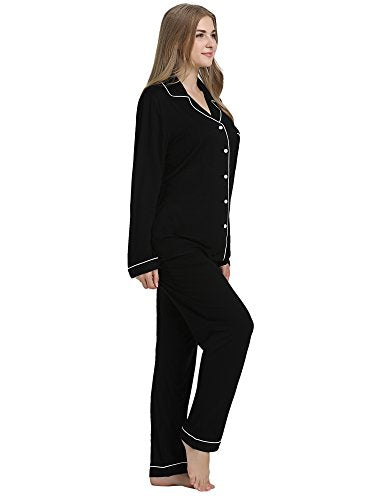 Cherrydew Women's Bamboo Viscose Cooling Long Sleeve Button Up Pajama Set - color: Black, size: XX-Large