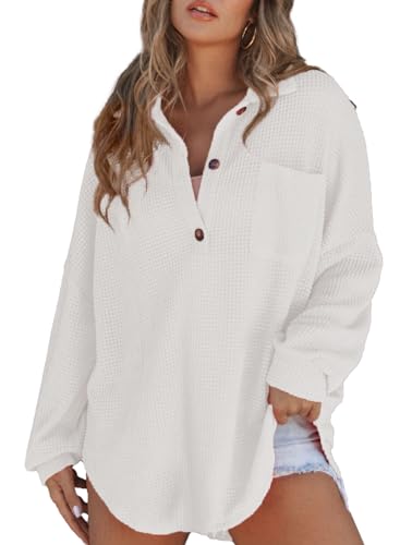 Astylish Women Waffle Knit Tops Henley Shirts - color: White, size: X-Large