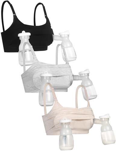 GXXGE 3Pack Hands Free Pumping Bra, Adjustable Pumping & Nursing Bra with EasyClip for All Breast Pumps Cotton Sleep Bra - color: Black Beige Grey, size: Large