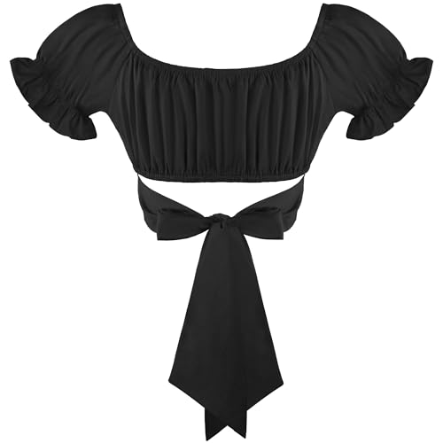 Women's Crop Tops Ruffle Short Sleeve Tie Back Off Shoulder Blouse - color: Black, size: Large