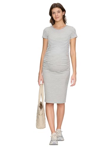 Women's Maternity Dress Short Sleeve Ruched Pregnancy Summer Dresses - color: Light Grey Stripe, size: Small