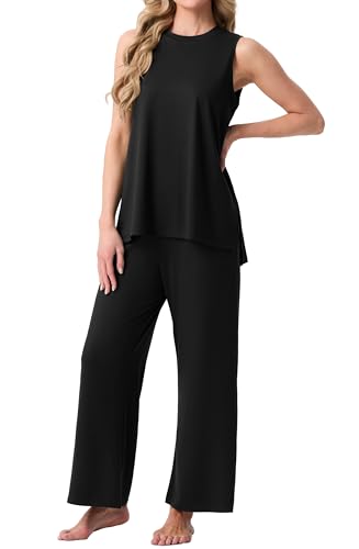 PrinStory Womens Pajamas Sets Sleeveless Pjs Set S-4XL - color: Black, size: 3X-Large