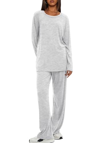 Darong Womens 2 Piece Fall Lounge Sets Oversized Tops Wide Leg Pants - color: White Grey, size: XX-Large