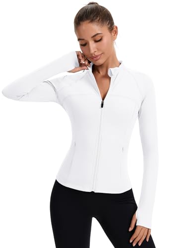 Rapbin Women's Full Zip Workout jackets Runing Slim Fit Athletic Tops With Thumb Holes - color: White, size: Small