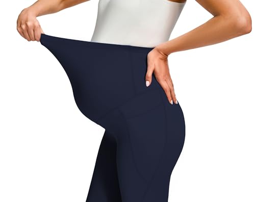 JOYSPELS Smooth Feeling Maternity Workout Leggings with Pockets Pregnancy Pants Over The Belly - color: Navy, size: X-Large