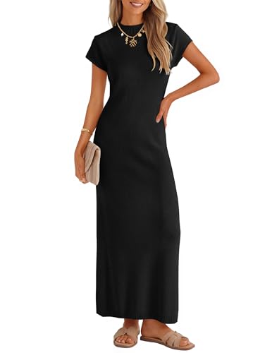 ZESICA Womens Bodycon Knit Short Sleeve Sweater Maxi Dress - color: Black, size: Large