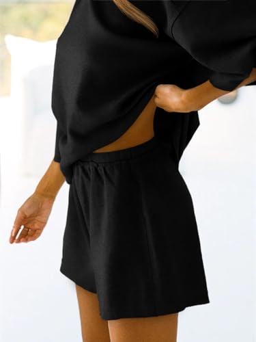 Tankaneo Womens 2 Piece Pajama Sets Oversized Tops Loose Shorts Lounge Sets - color: Black, size: Medium