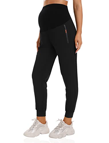 Foucome Women's Maternity Joggers Quick Dry Pregnancy Scrub Pants - color: Black, size: Small