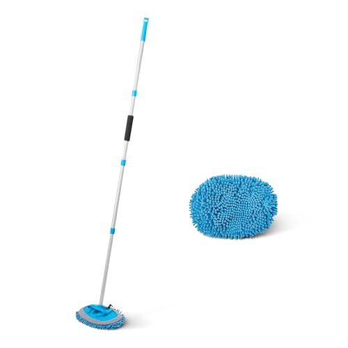Amazon Basics Car Wash Brush with Long Handle, Scratch-Free Microfiber Mop Mitt, Swivel Head, Detachable Head, Extends to 62 inches with 4 Poles, for Car RV Truck, Blue - size: 62 inches