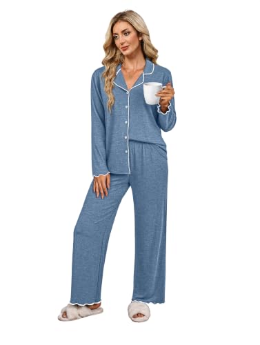 WIHOLL Women's Pajamas Sets Cute Ruffle Long Sleeve Button Up 2 Piece Pjs - color: Blue, size: XX-Large