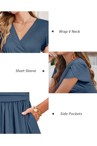 OUGES Women's Wrap V Neck Summer Maternity Photoshoot Dress with Pockets - color: Gray Blue, size: Medium