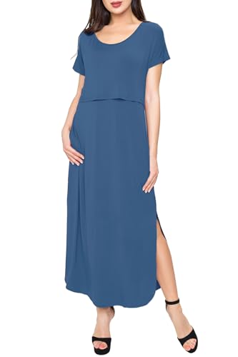 Smallshow Women's Maternity Nursing Dresses Split Long Dress for Breastfeeding - color: Dusty Blue, size: Medium
