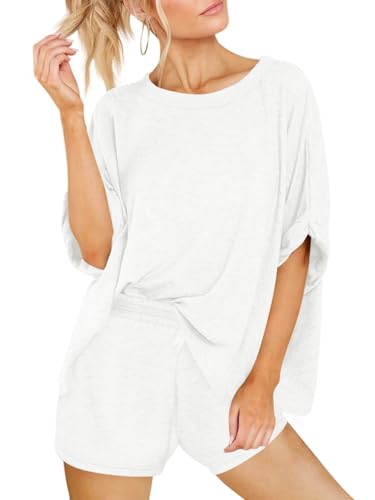 Tankaneo Womens 2 Piece Shorts Sets Oversized Short Sleeve Pajamas Sets - color: White, size: Small